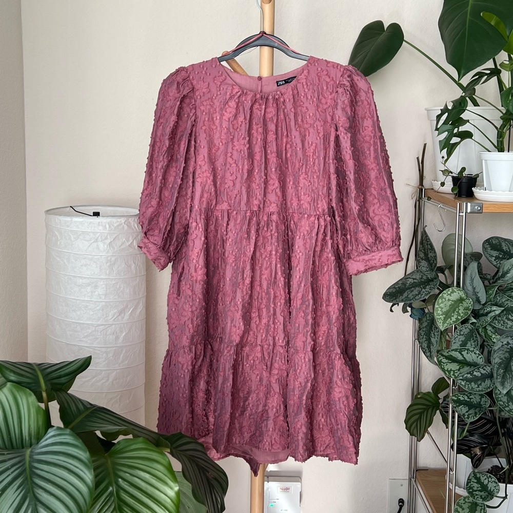 ZARA SUEDE PINK VOLUMINOUS TEXTURED WEAVE DRESS